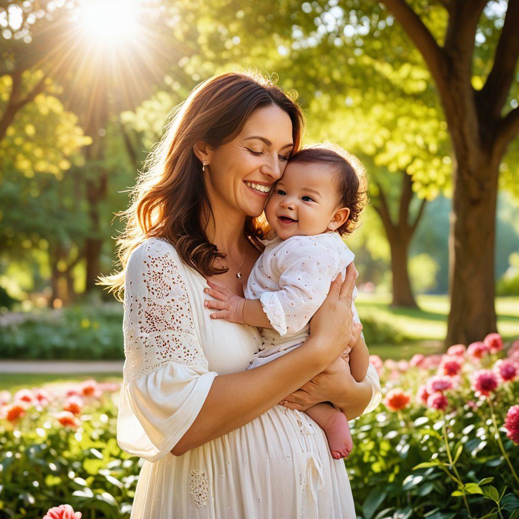 A serene scene of a joyful mother cuddling her laughing baby in a sunny park, surrounded by diverse mothers sharing their experiences and support. Include soft, colorful flowers and vibrant greenery, with a gentle sunlight filtering through the trees, creating a warm and inviting atmosphere. Illustrate a sense of community with joyful expressions and laughter, capturing the essence of empowered motherhood. super-realistic. vibrant colors. soft focus.